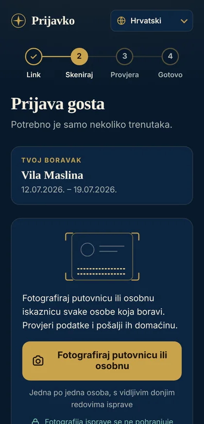 Stranica za prijavu gosta: naziv smještaja, koraci Link, Skeniraj, Provjera, Gotovo i gumb za fotografiranje isprave