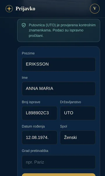 Prijavko: očitani podaci gosta s oznakom da su provjereni kontrolnim znamenkama